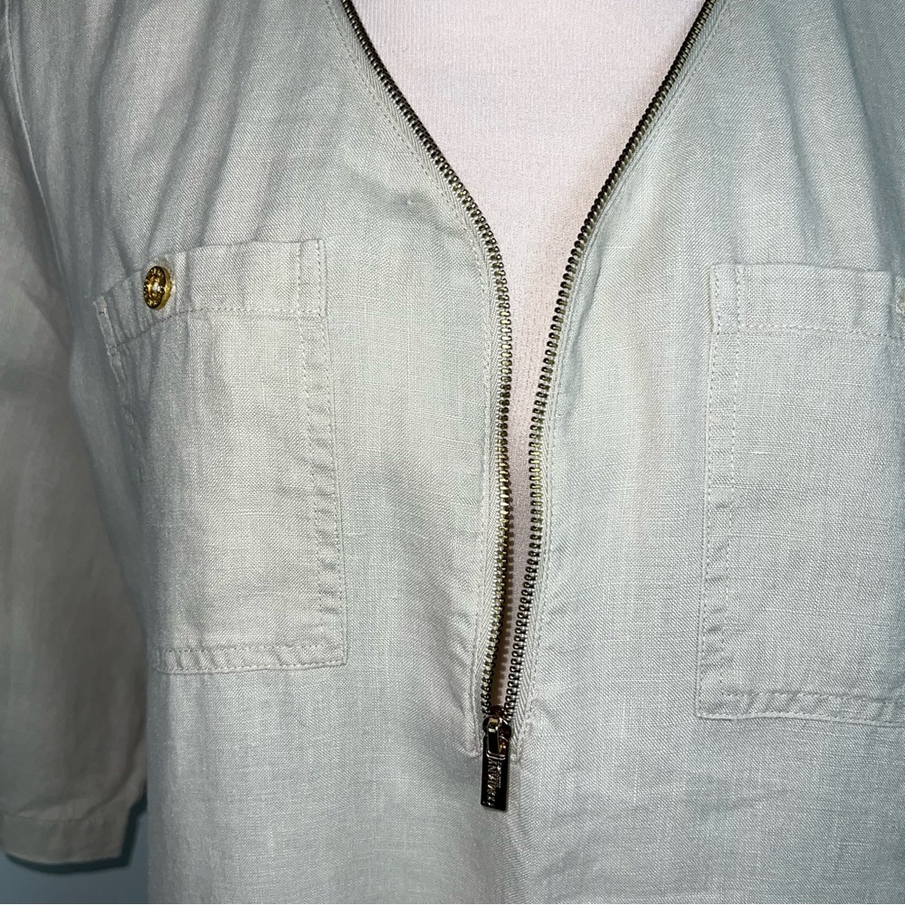 Company Ellen Tracy Linen Blouse Women’s Large Sand Zip Front Roll Sleeve Top - Picture 7 of 13